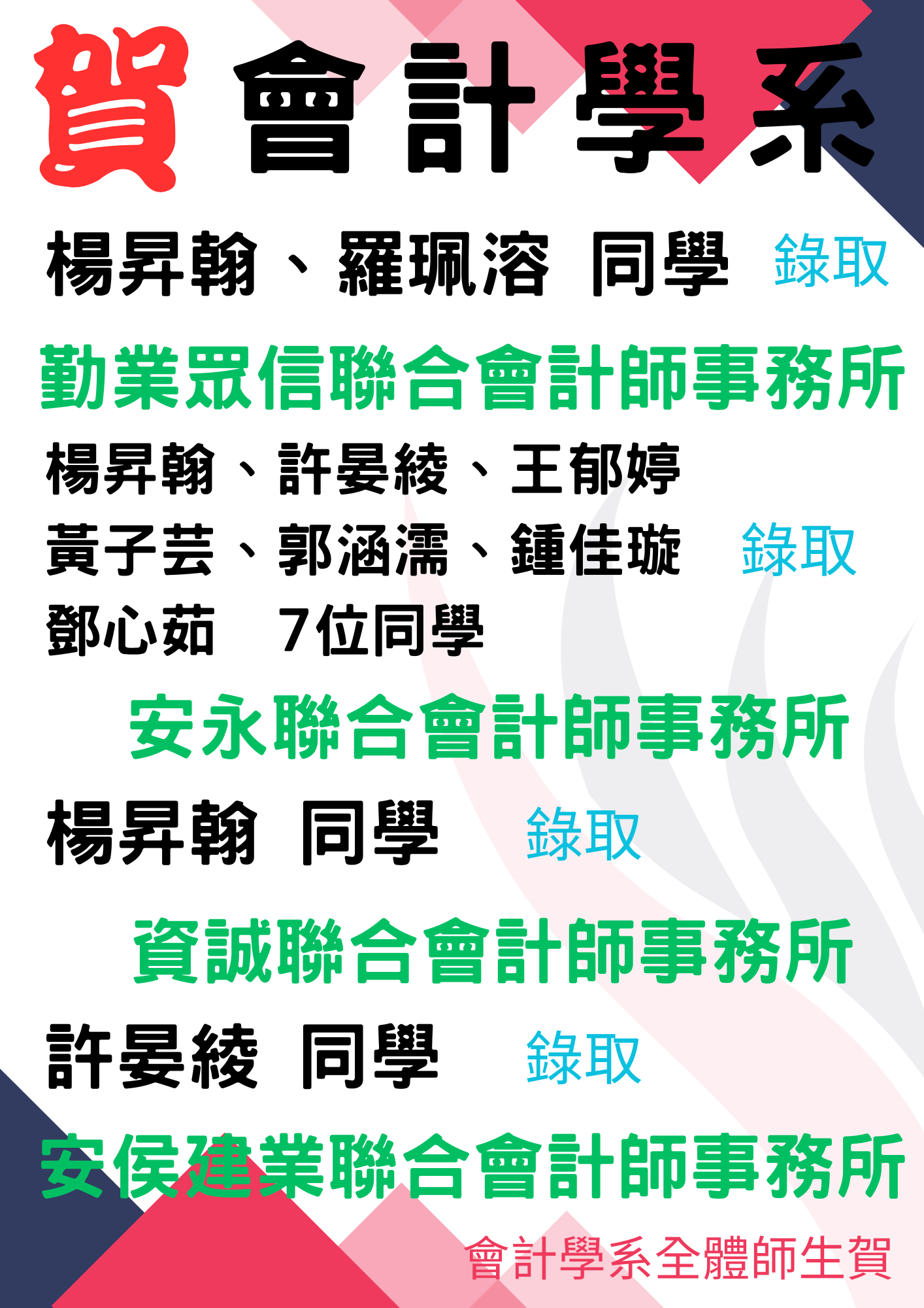 恭賀】會計學系8位同學錄取四大會計師事務所